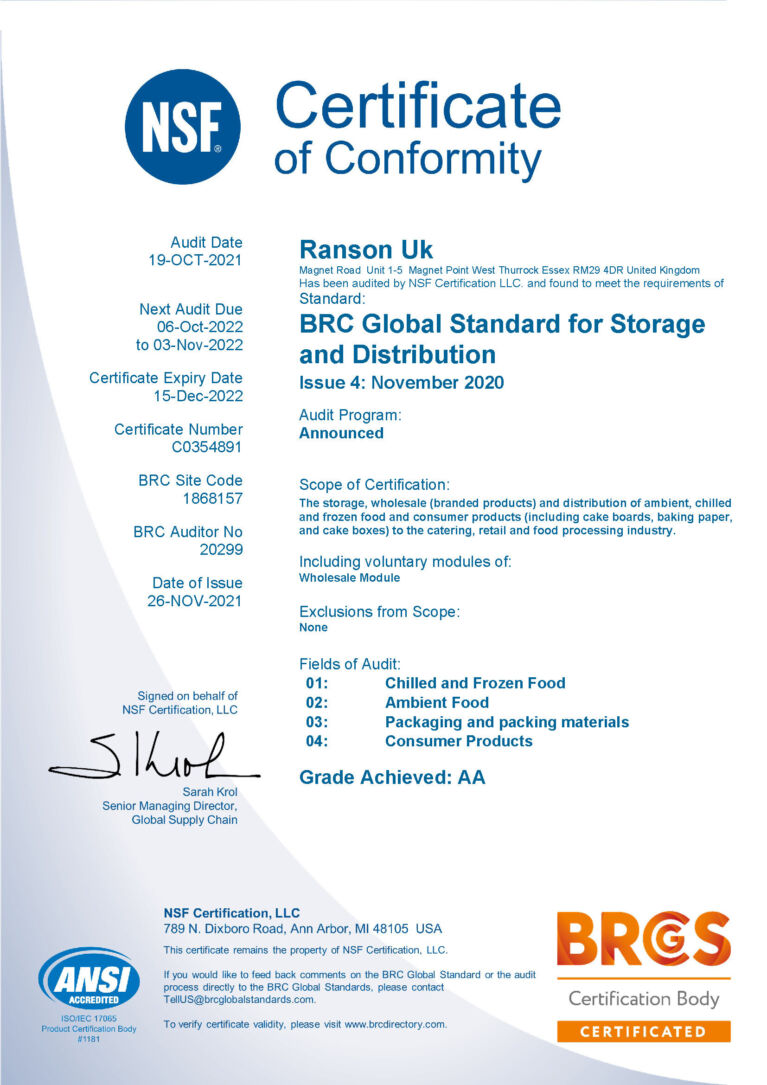 BRC Certificate Ranson UK exp 15 12 2022