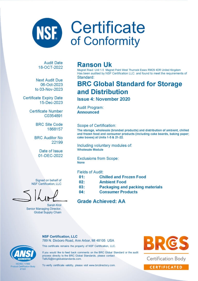 BRCGS SD Issue 4 certificate Ranson UK exp 15 12 2023