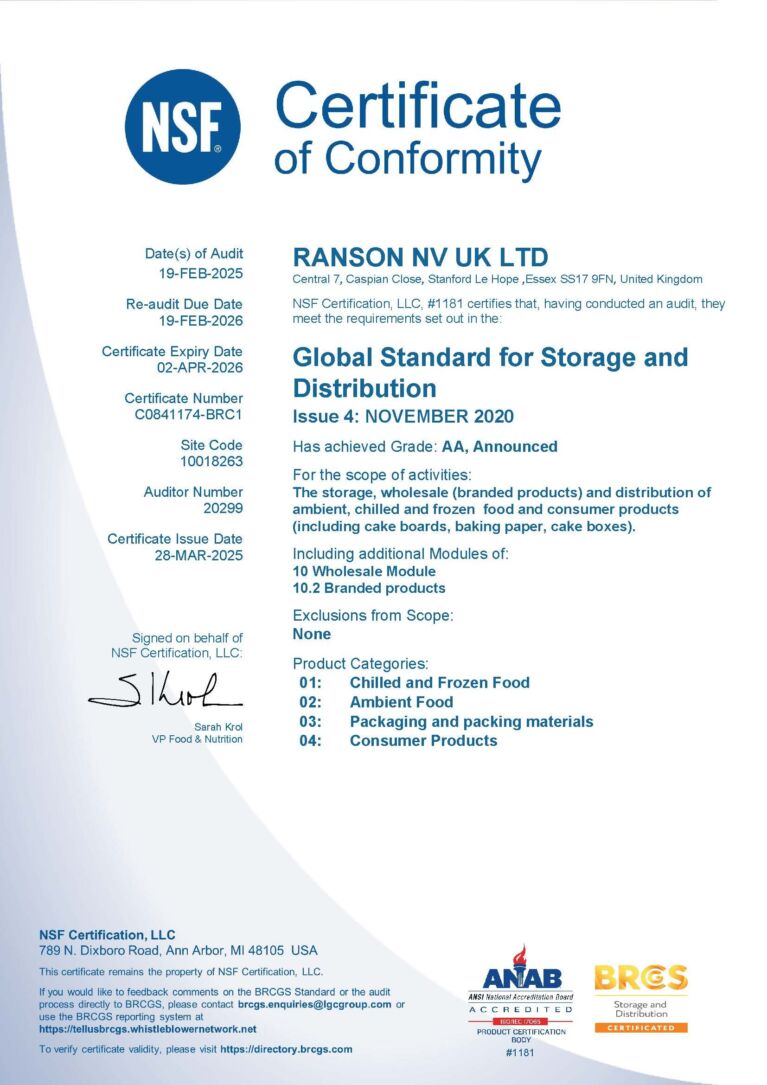 C0841174 RANSON NV UK LTD BRC Cert