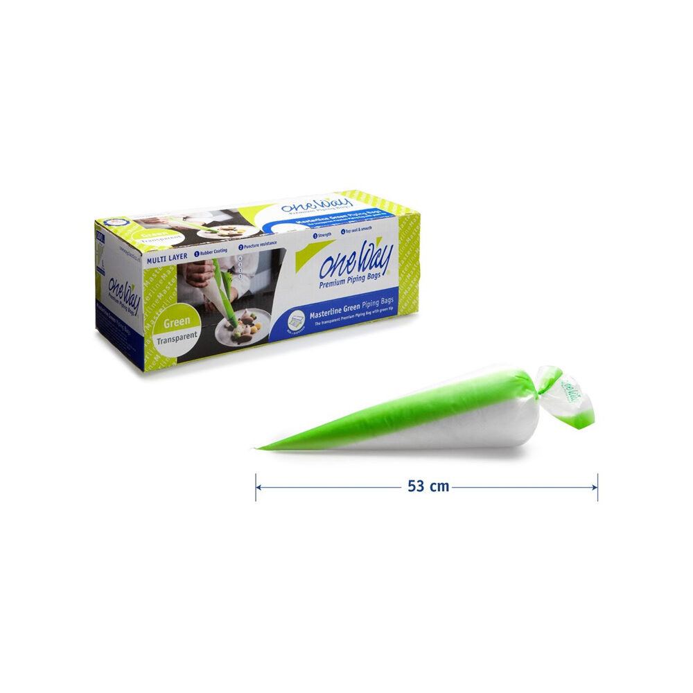 X100PC PIPING BAGS MASTERLINE TRANSPARENT/GREEN ROLL 53CM