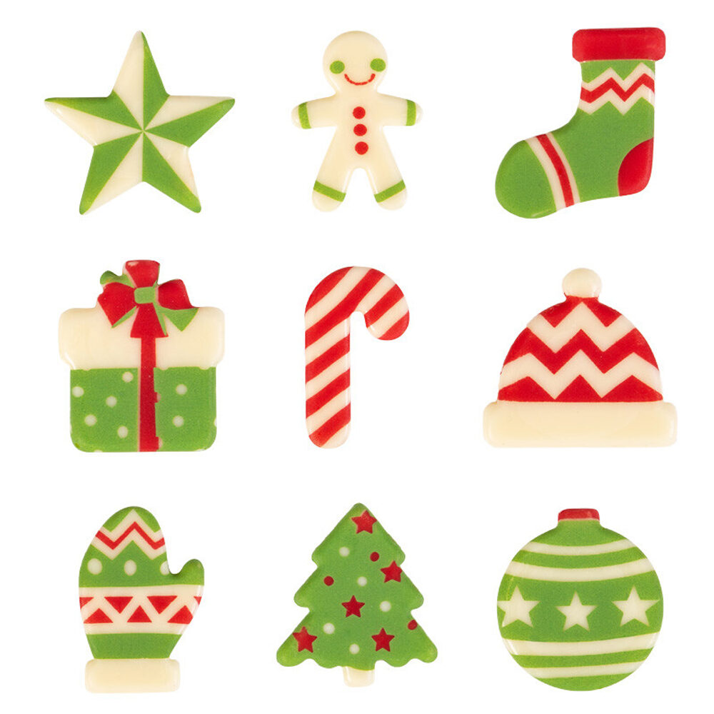 X135ST ASS. KERSTFIGUURTJES D3CM GROEN/ROOD/WIT CHOCO 13618