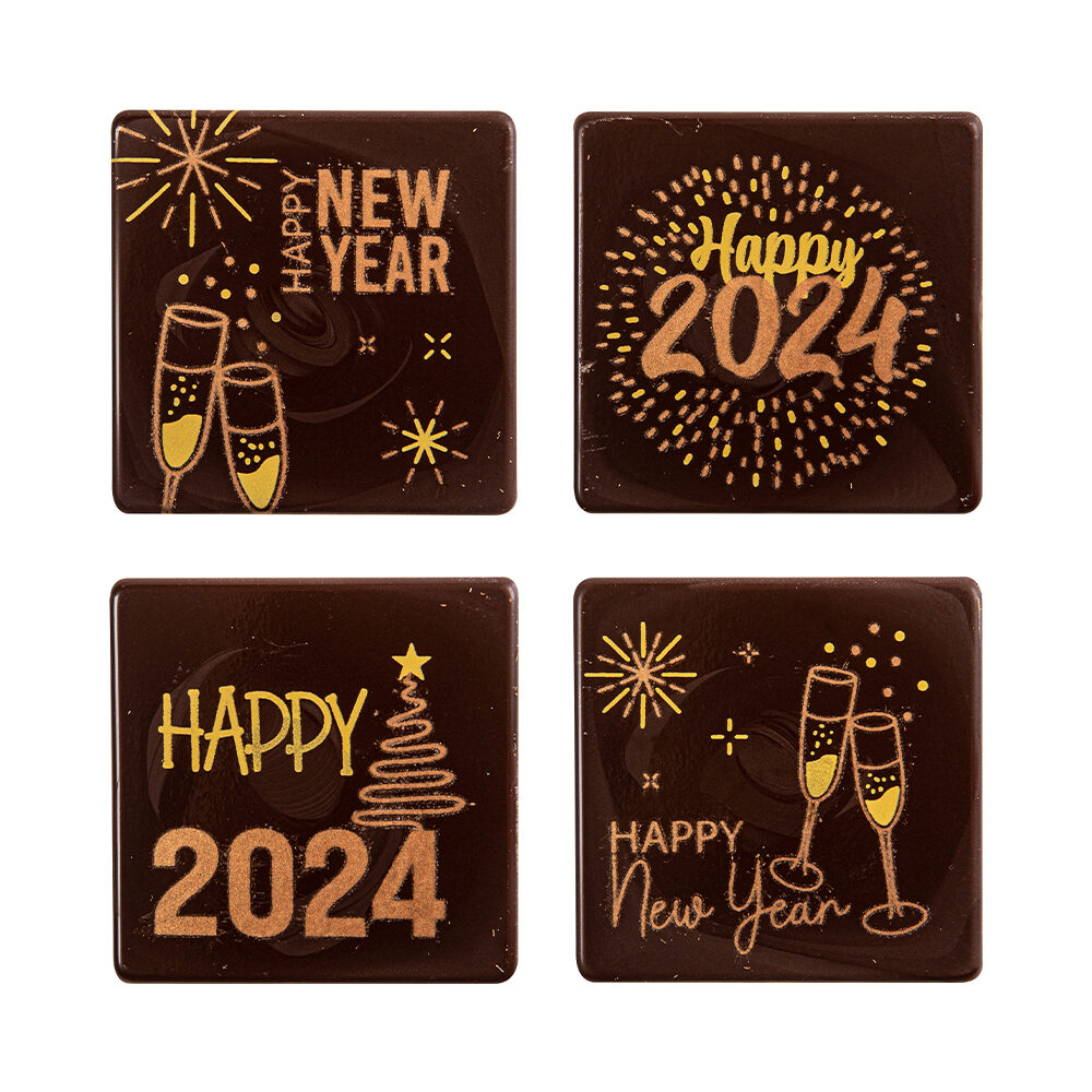 X75PC ASS HAPPY NEW YEAR/2025 5X5CM FONDANT CHOC 14746