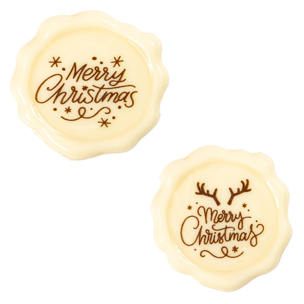 X120PC STAMP MERRY CHRISTMAS D.3,8CM WHITE CHOCOLATE 15340