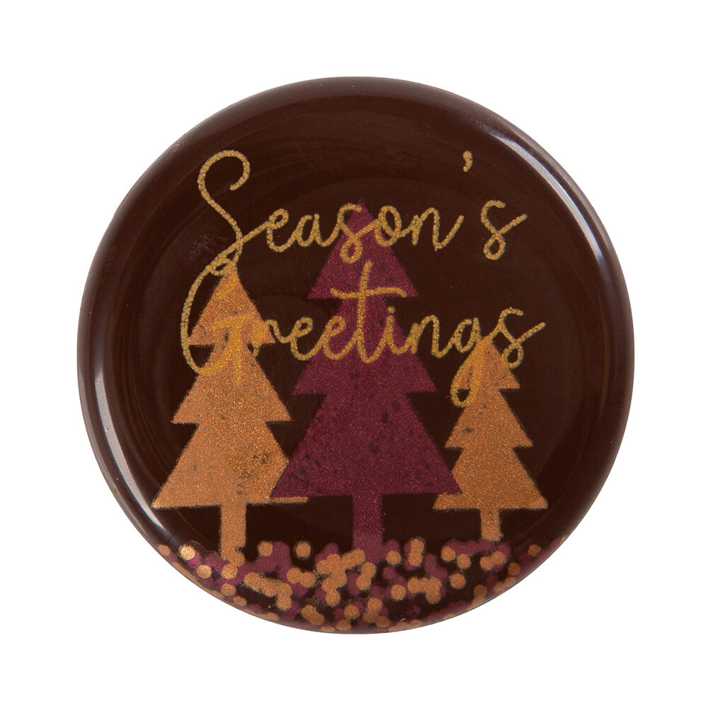 X120PC PLATE SEASON'S GREETINGS/XMAS TREES D3.8CM CHOC 15441