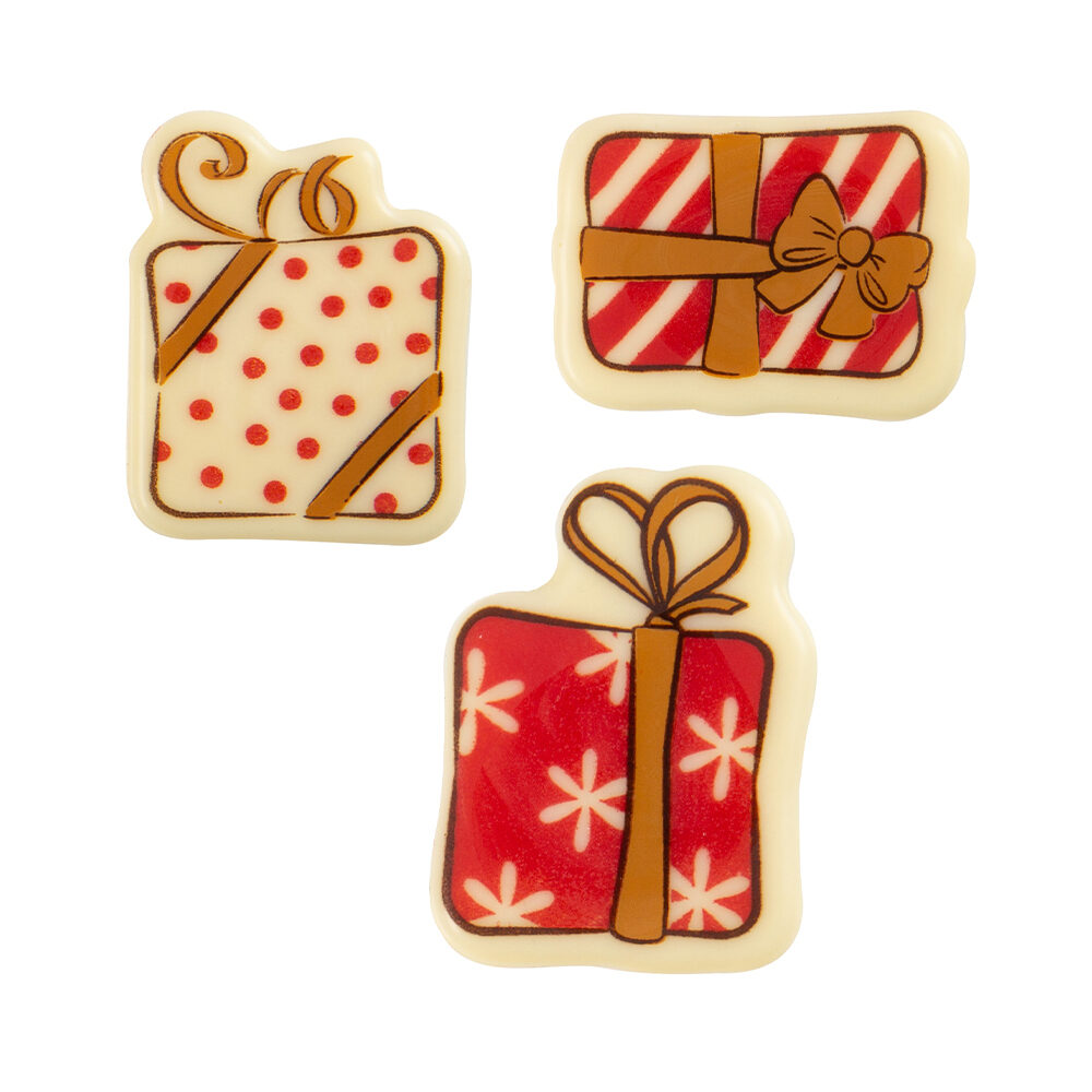 X150PC ASS GIFTS RED/WHITE L.4X2.5/L.3.5X3CM CHOCOLATE 15499