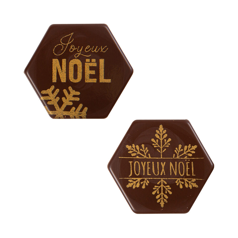 X120PC ASS PLATE HEXAGON JOYEUX NOEL D.3.8CM DARK CHOC 15791