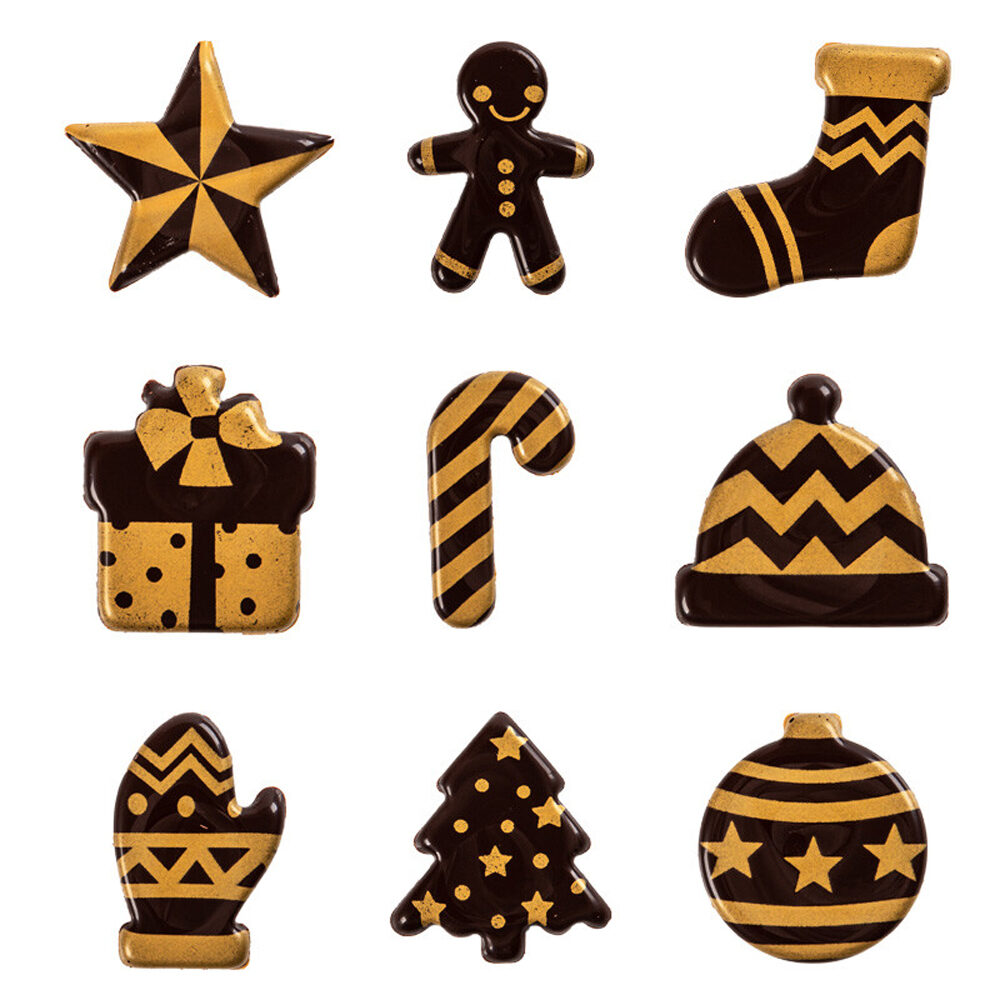 X135PC ASSORT. CHRISTMAS FIGURES D3CM GOLD/DARK CHOC.15807