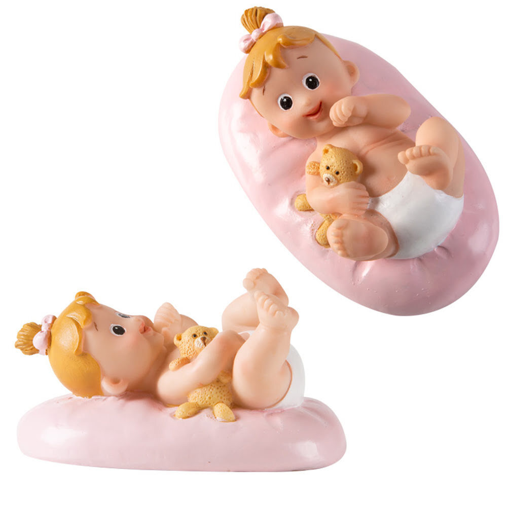 X6ST GEBOORTE BABY MEISJE ROZE BEER L8X5CM RESINE 31083