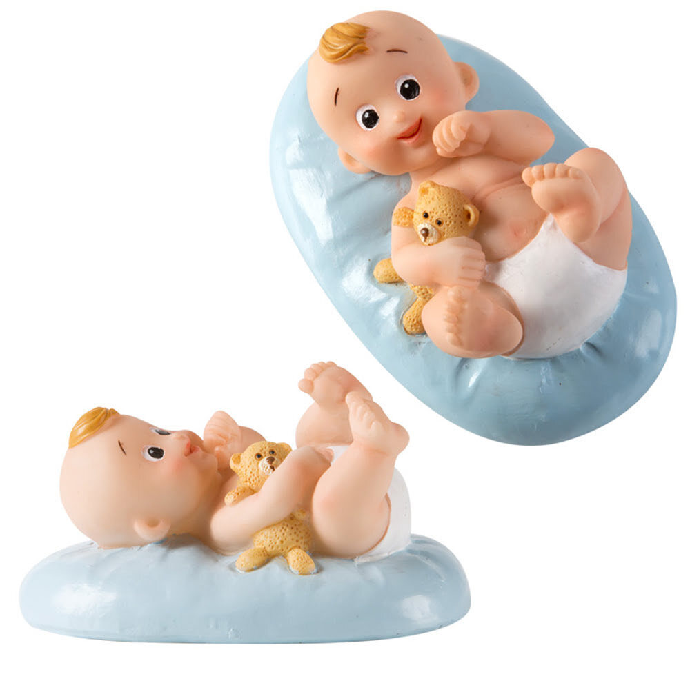 X6ST GEBOORTE BABY JONGEN BLAUW BEER L8X5CM RESINE 31084