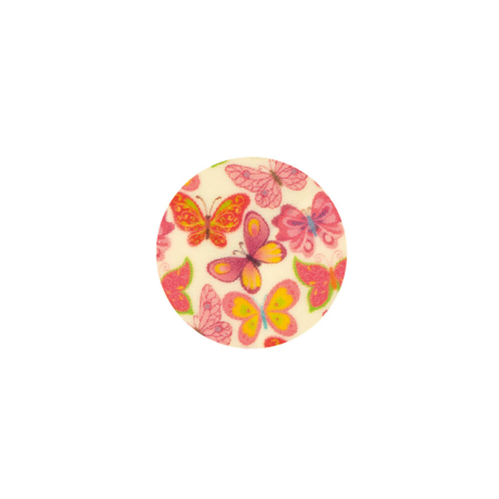 X50ST RONDJE ROZE VLINDERD D.5,5CM CHOCOLADE 34066