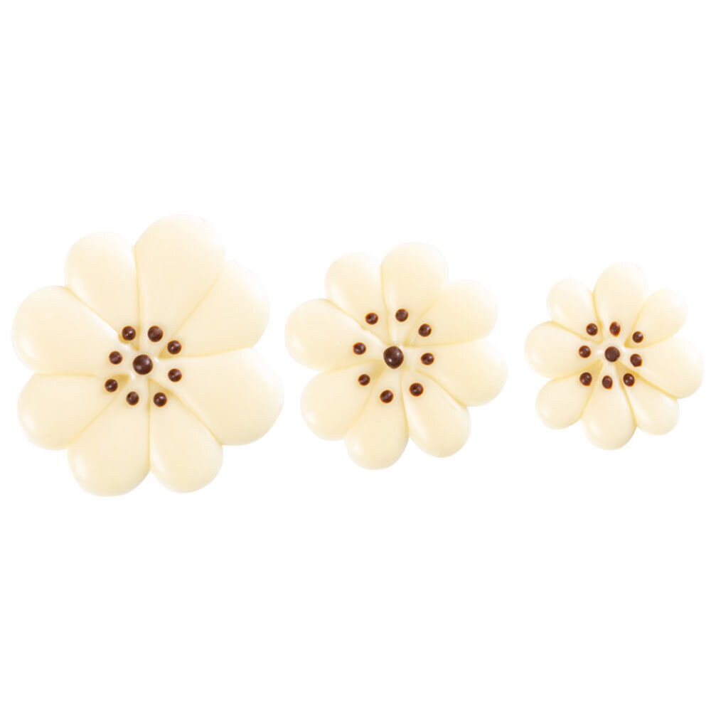 X162PC ASSORTMENT WHITE DAISIES WITH DOTS D.2,5-3-3,5CM CHOC