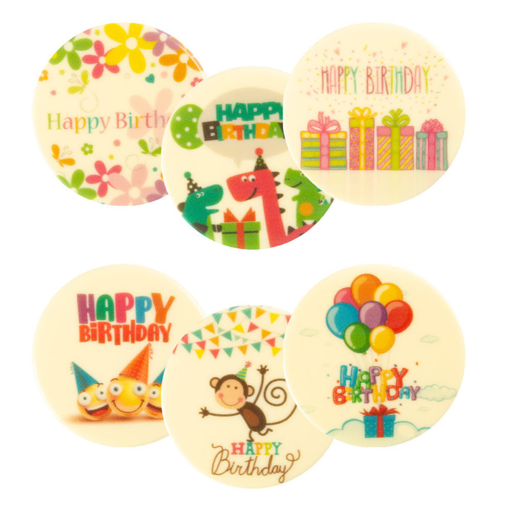 X30PC ASSORTIMENT RONDS HAPPY BIRTHDAY D.7,5CM CHOC. 67249