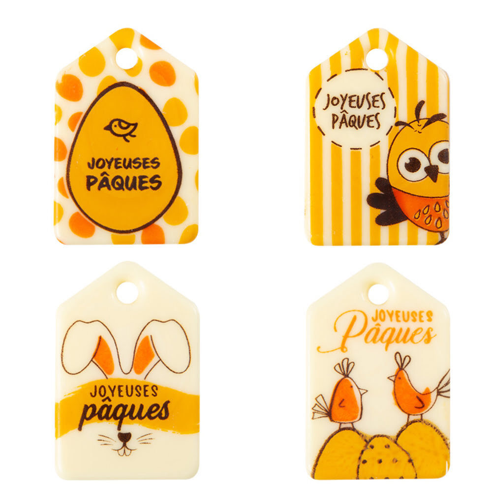 X105PC ASS. ETIQUETTE JOYEUSES PAQUES L.3 X 4,5CM CHOC 69161