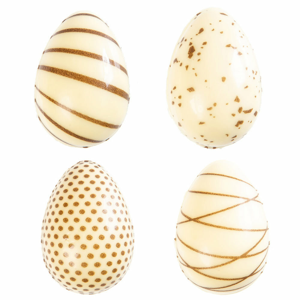 X96PC ASSORTMENT EGG 3D DECO WHITE L3,8 X 2,4CM CHOCOLATE