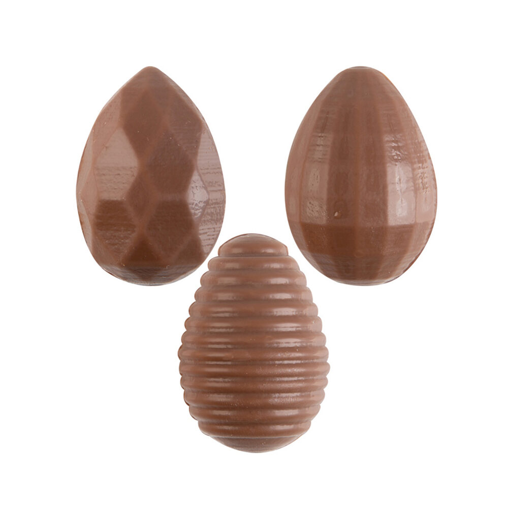 X96PC ASS EGGS 3D RELIEF L3,8X2,4CM MILK CHOCOLATE 69920