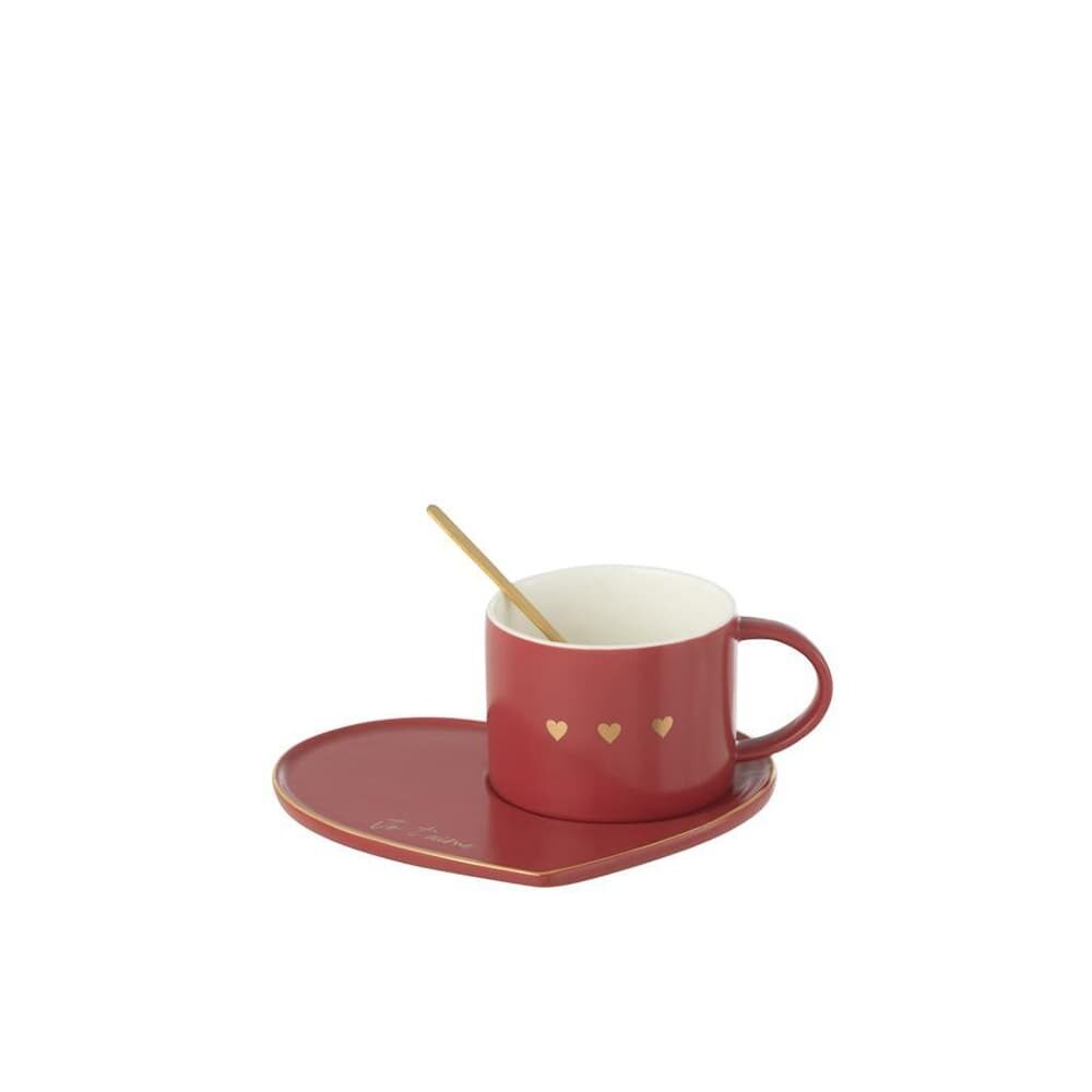 X1PC MUG WITH PLATE RED HEARTS 16X14,2X7,5CM