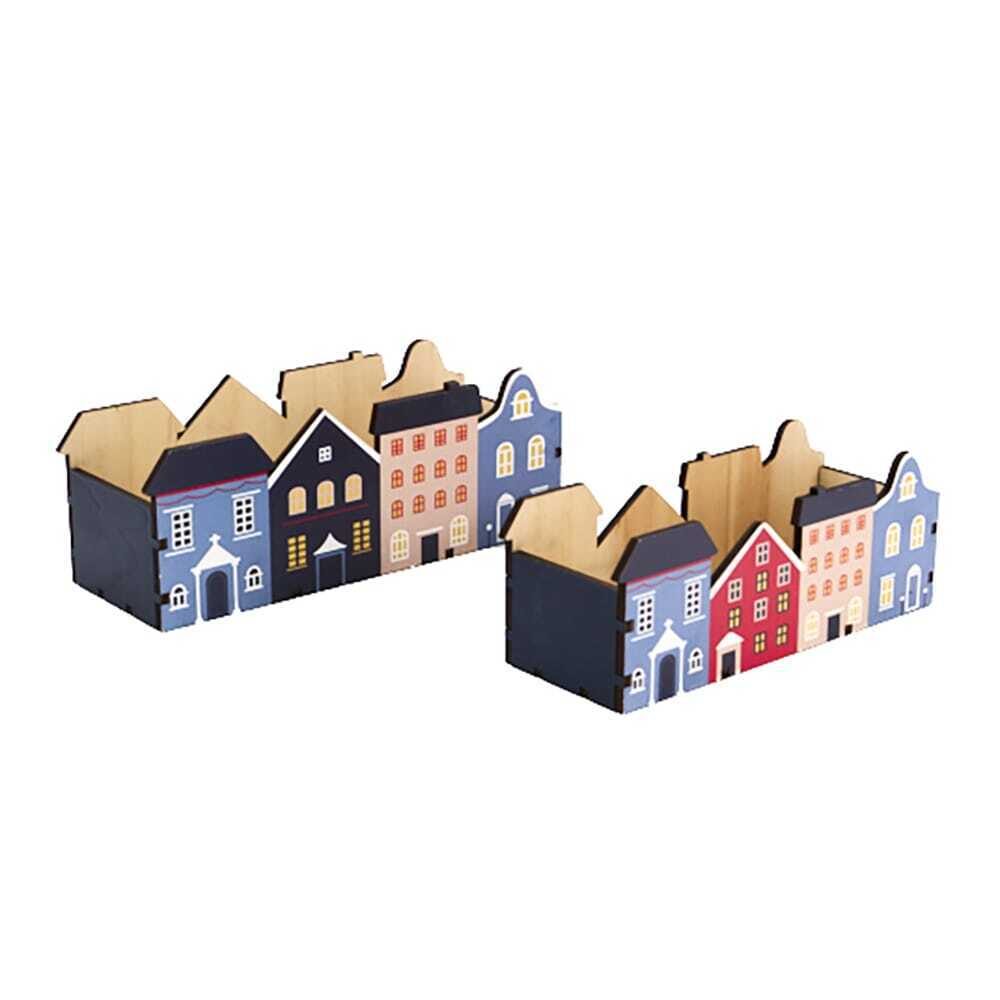 X2PCS BASKET WOOD BLUE HOUSES