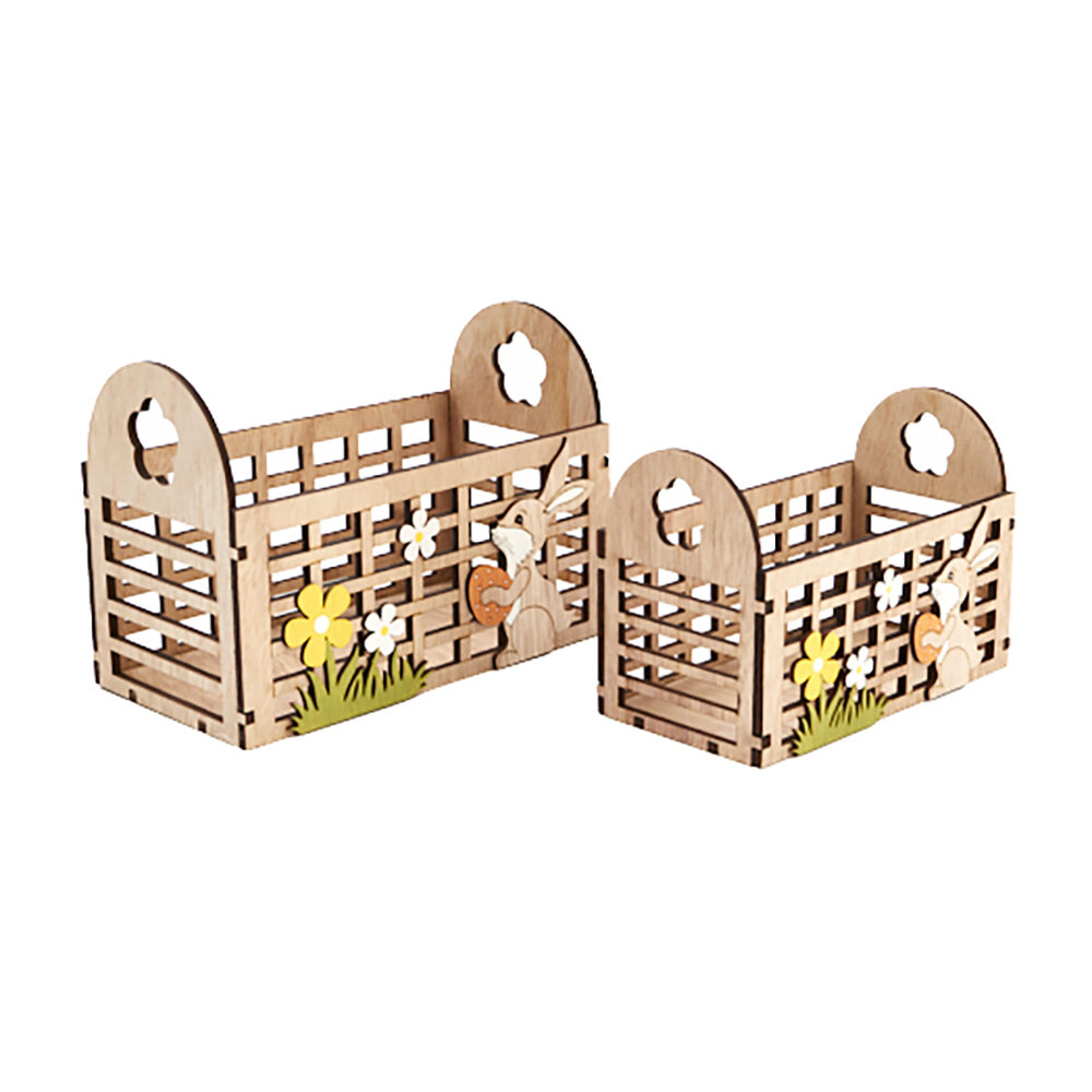 X2PC PANIER BOIS LAPIN AVEC FLEURS