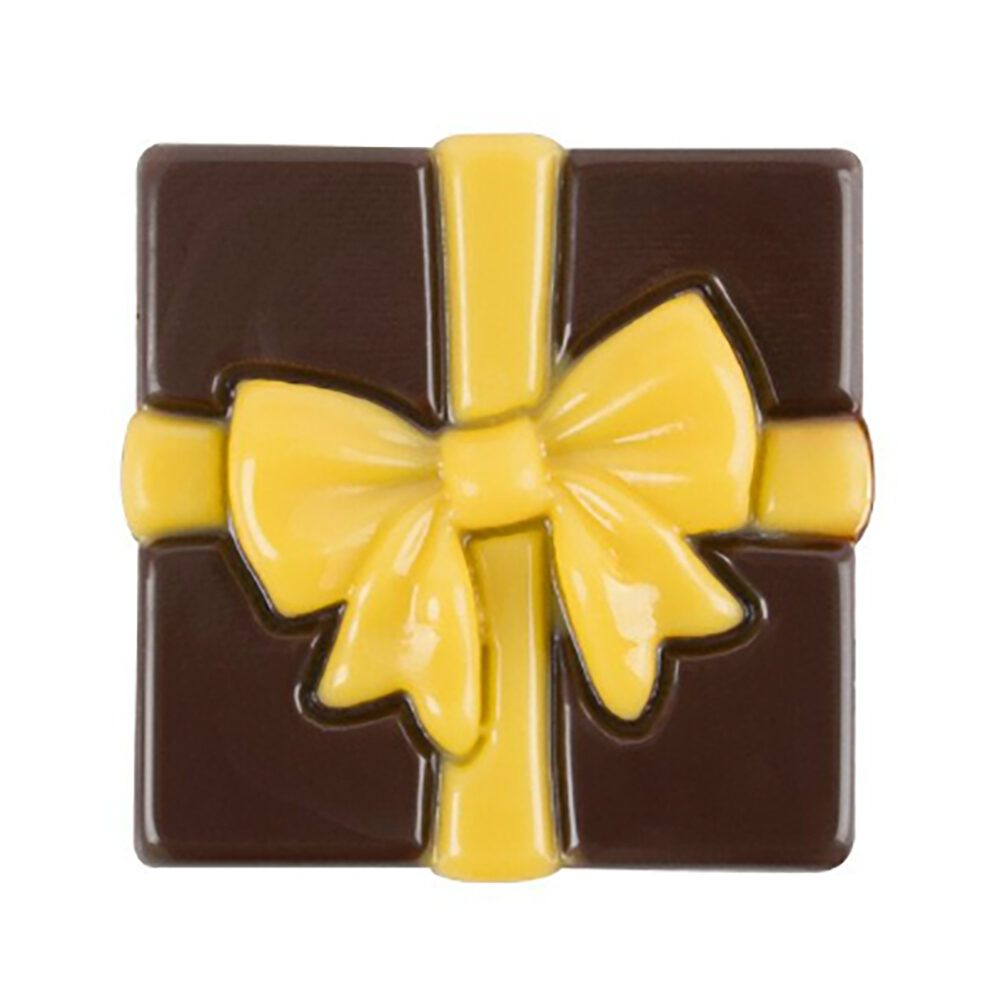 X96PC CADEAU NOEUD JAUNE 2D L.3,8X3,8CM FOND CHOC 1000189
